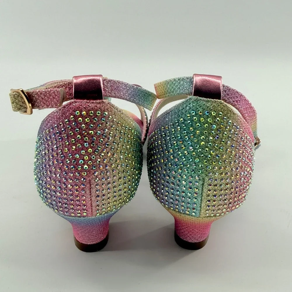 Girls 6 T-Strap Dress Sandals Pastel‎ Rainbow Ombre Rhinestone Bow Kitten Heel